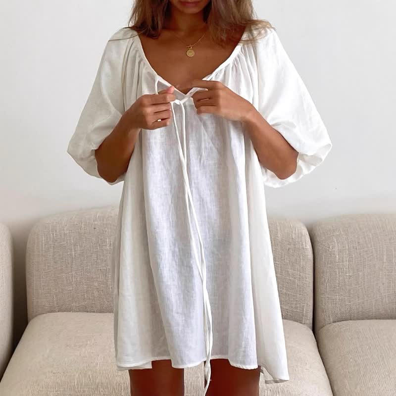 Weißes Baumwoll-Loungewear-Kleid mit Bindekragen - Weiß - L - image 0