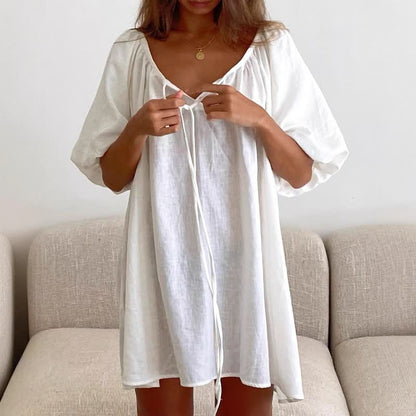 Weißes Baumwoll-Loungewear-Kleid mit Bindekragen - Weiß - L - image 0
