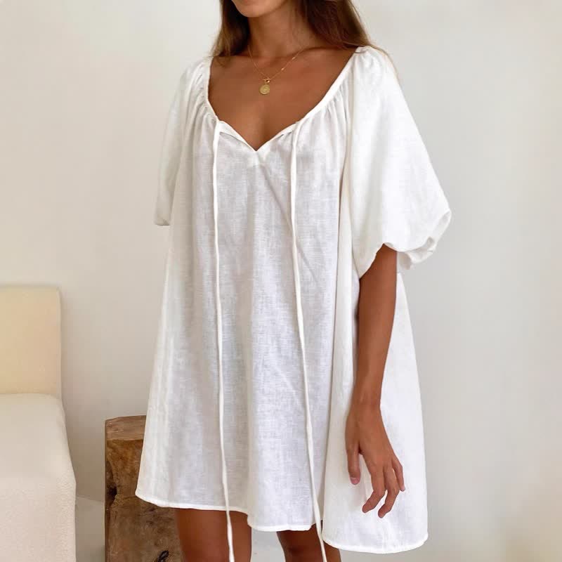 Weißes Baumwoll-Loungewear-Kleid mit Bindekragen - image 1