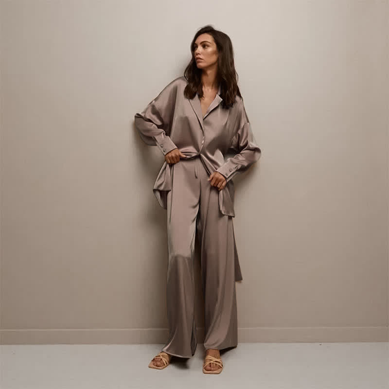 Einfarbiges Loungewear-Set für Damen mit Gürtel - Braun - XL - image 11