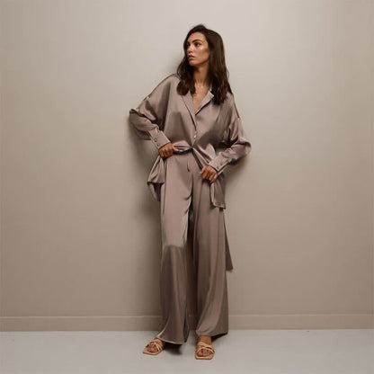 Einfarbiges Loungewear-Set für Damen mit Gürtel - Braun - XL - image 11