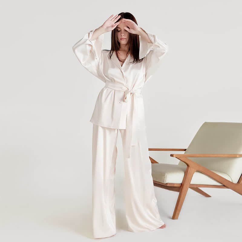 Einfarbiges Loungewear-Set für Damen mit Gürtel - Beige - XL - image 9