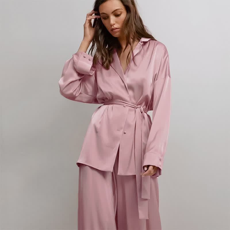 Einfarbiges Loungewear-Set für Damen mit Gürtel - Rosa - XL - image 15