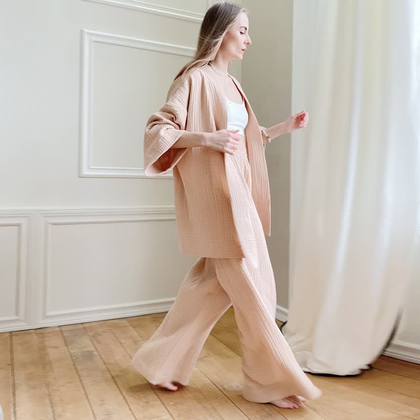 Kimono-Pyjama aus einfarbigem Baumwollgaze - Sekt - XL - image 8