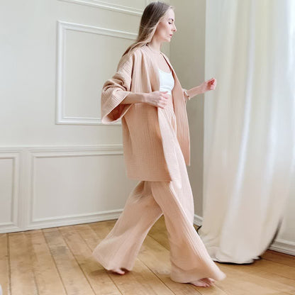 Kimono-Pyjama aus einfarbigem Baumwollgaze - Sekt - XL - image 8