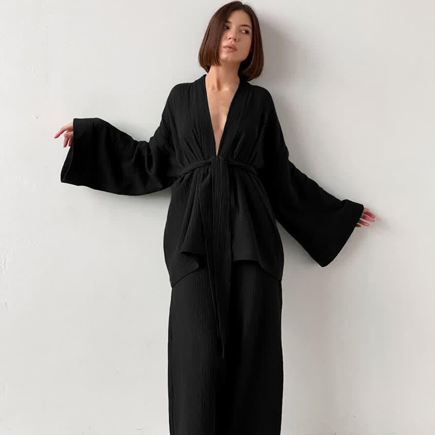 Kimono-Pyjama aus einfarbigem Baumwollgaze - Schwarz - XL - image 5