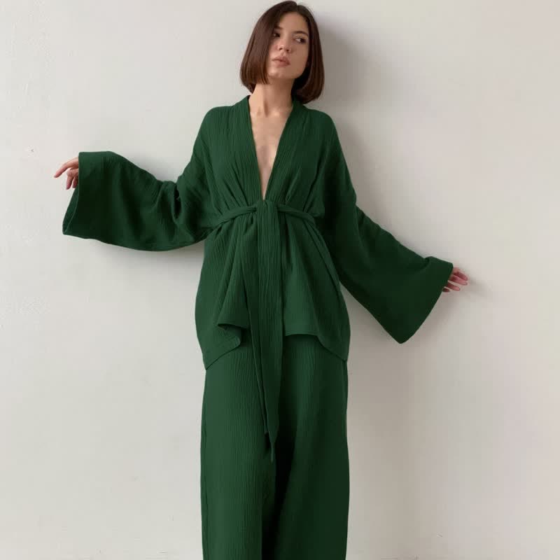 Kimono-Pyjama aus einfarbigem Baumwollgaze - Olivgrün - XL - image 9