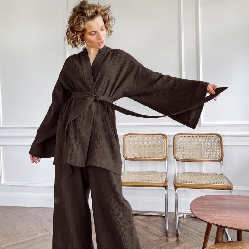 Kimono-Pyjama aus einfarbigem Baumwollgaze - Braun - XL - image 17