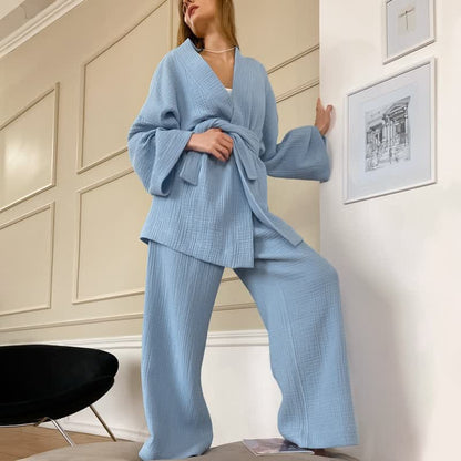 Kimono-Pyjama aus einfarbigem Baumwollgaze - Blau - XL - image 3