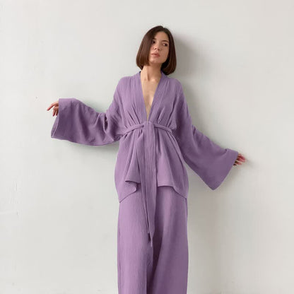 Kimono-Pyjama aus einfarbigem Baumwollgaze - Lila - XL - image 4