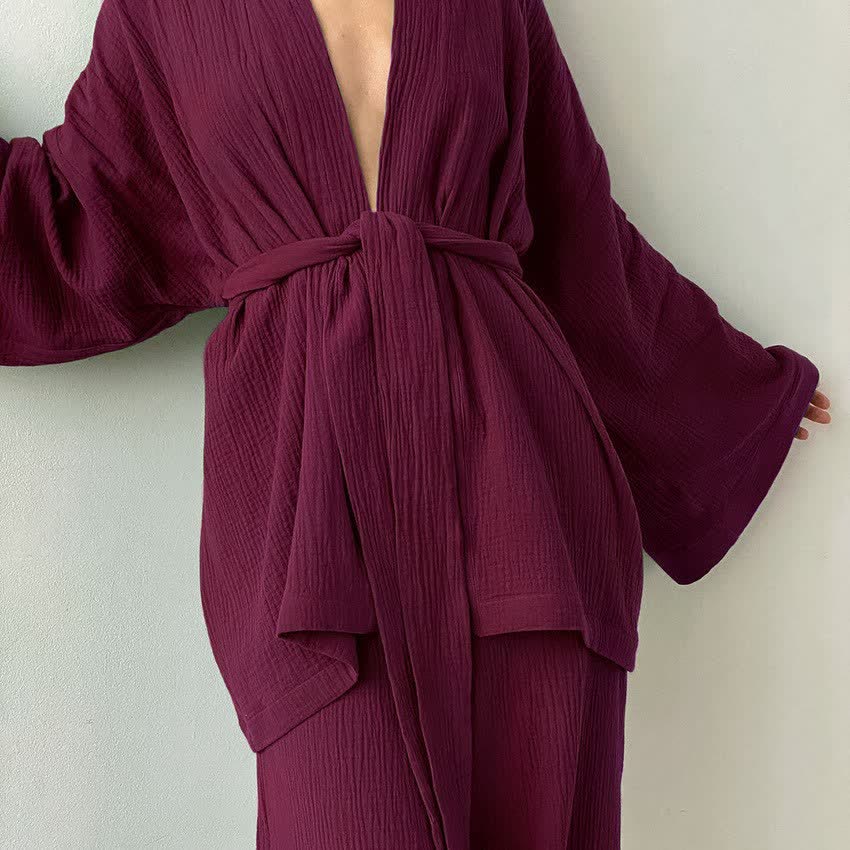Kimono-Pyjama aus einfarbigem Baumwollgaze - Wein - XL - image 1