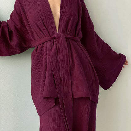 Kimono-Pyjama aus einfarbigem Baumwollgaze - Wein - XL - image 1