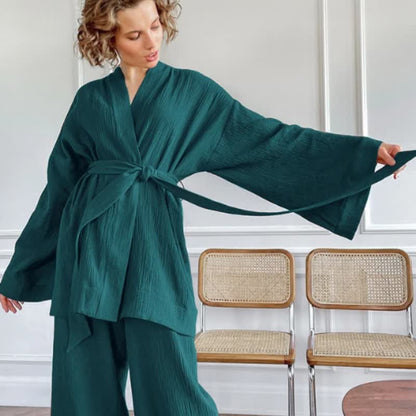 Kimono-Pyjama aus einfarbigem Baumwollgaze - Dunkelgrün - XL - image 6