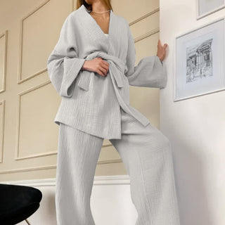Kimono-Pyjama aus einfarbigem Baumwollgaze - Grau - XL - image 0