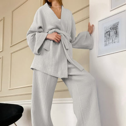 Kimono-Pyjama aus einfarbigem Baumwollgaze - Grau - XL - image 0