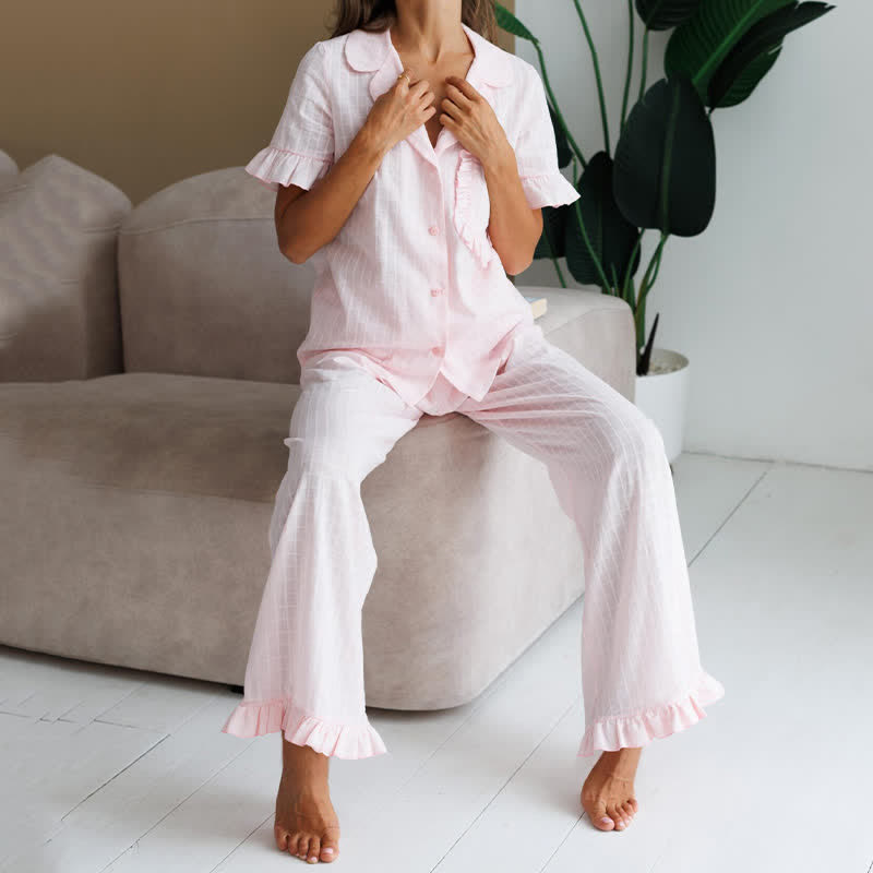 Rosa Baumwoll-Loungewear-Set mit Rüschen für Damen - image 6