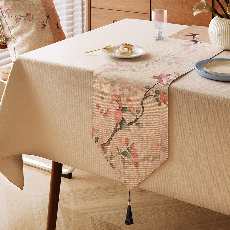 Malerischer Tischläufer mit Zierapfel-Vögeln und Blütenmotiv - Beige - 13" × 87" - image 0