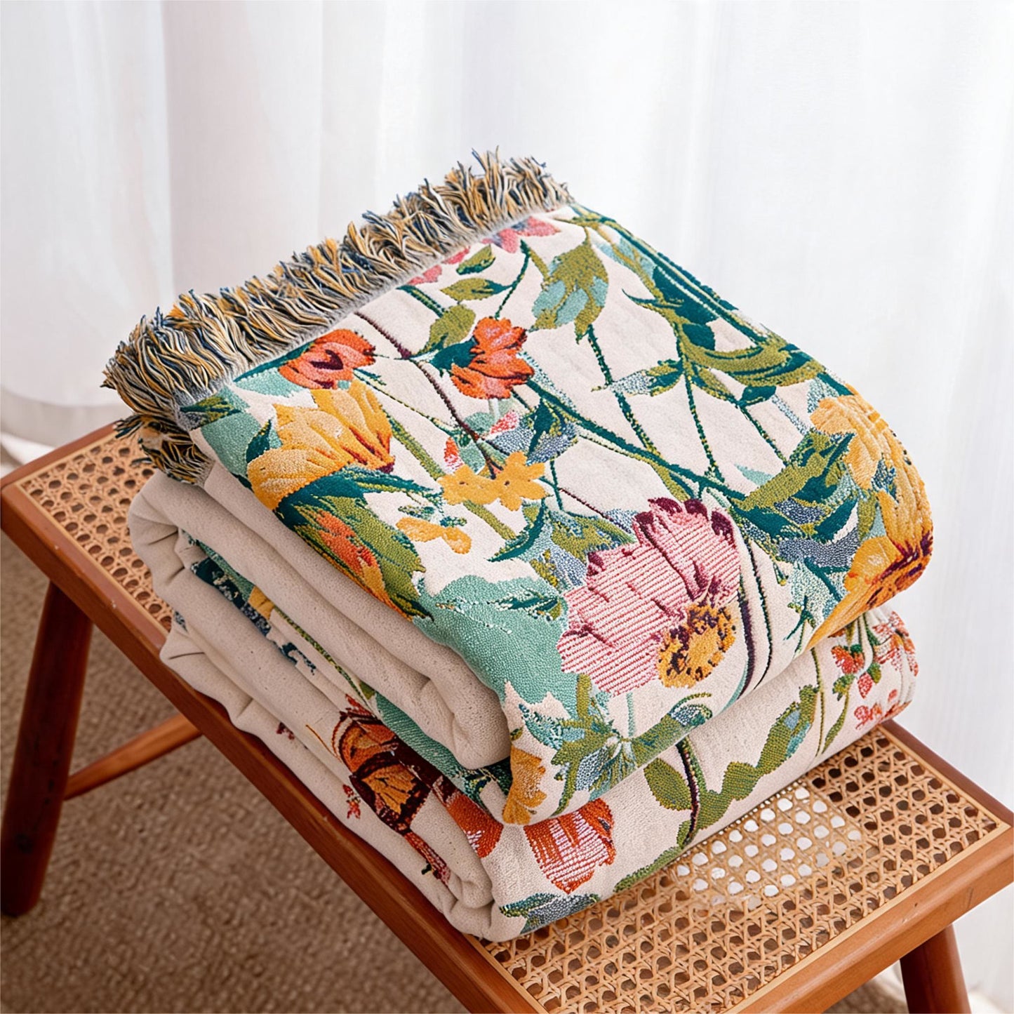 Wendbarer Quilt aus Gaze mit Aquarell-Wildblumenmuster und Fransen - image 2