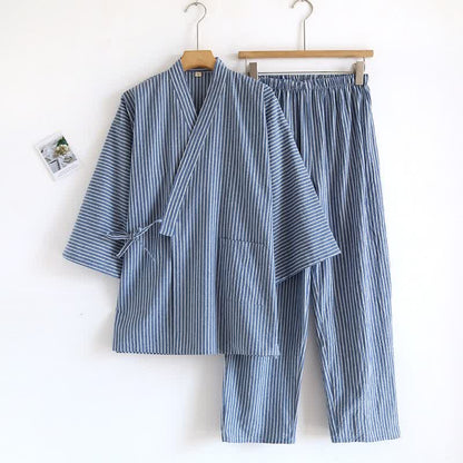 Unisex-Kimono-Pyjama aus gestreiftem Baumwollgaze - Blau - L - image 1