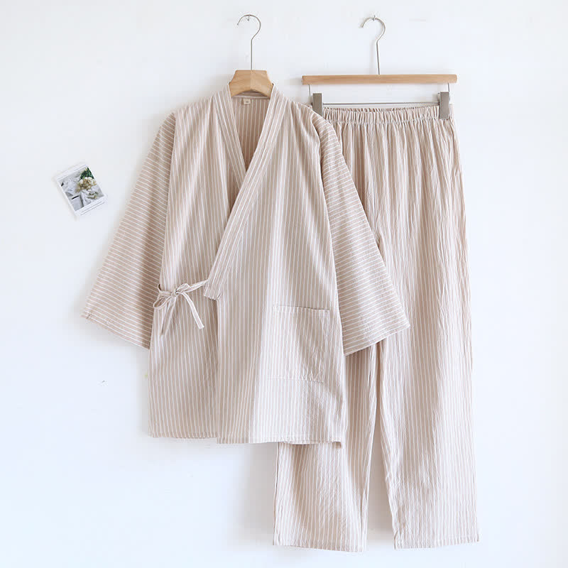 Unisex-Kimono-Pyjama aus gestreiftem Baumwollgaze - Khaki - L - image 3