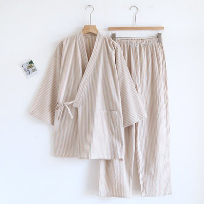 Unisex-Kimono-Pyjama aus gestreiftem Baumwollgaze - Khaki - L - image 3