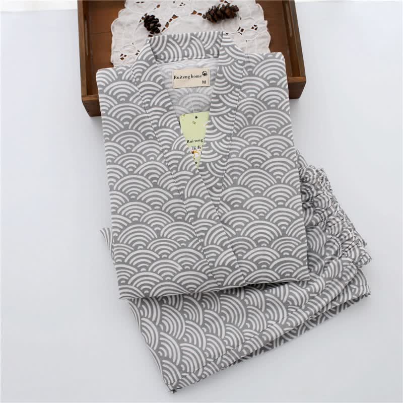 Unisex Seigaiha Baumwollkimono Loungewear Set - Grau - L - image 3