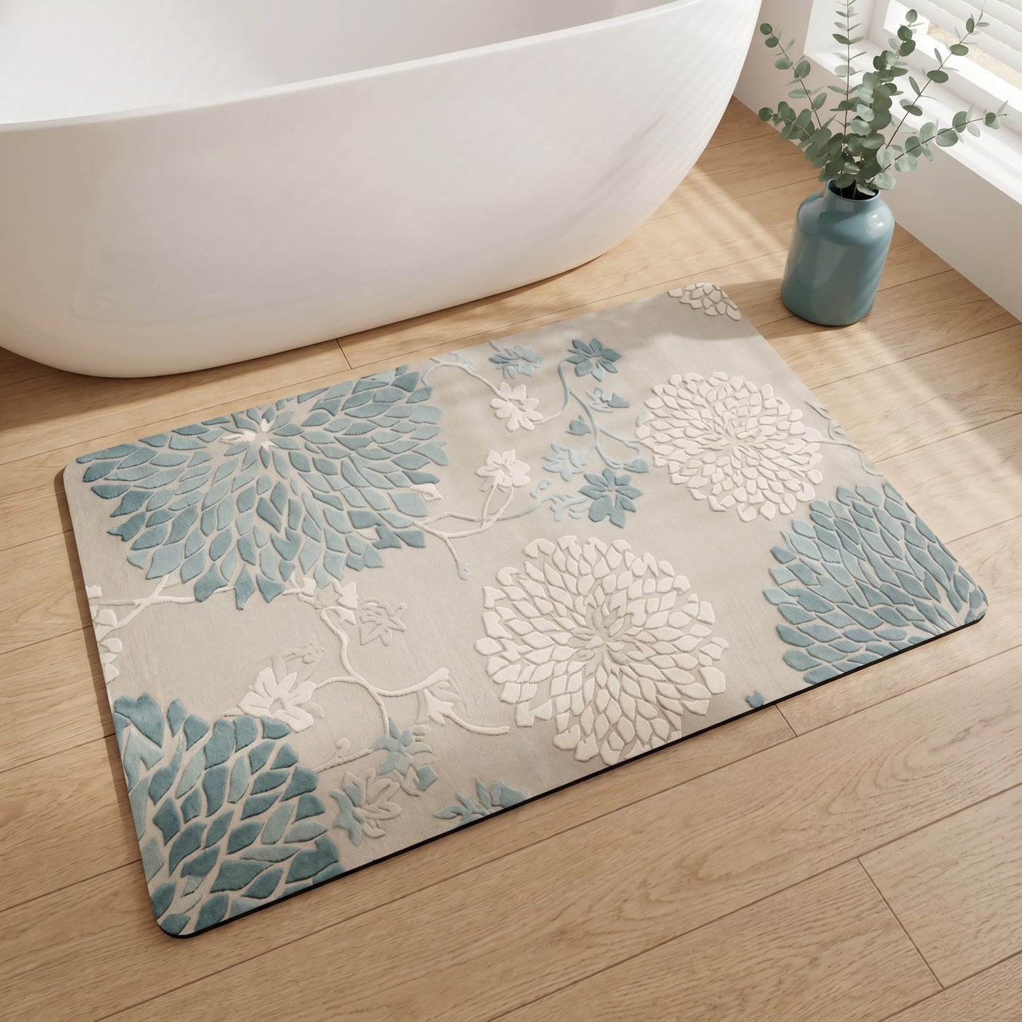 Blauer, rutschfester Badezimmerteppich mit Vintage-Blumenmuster - image 2