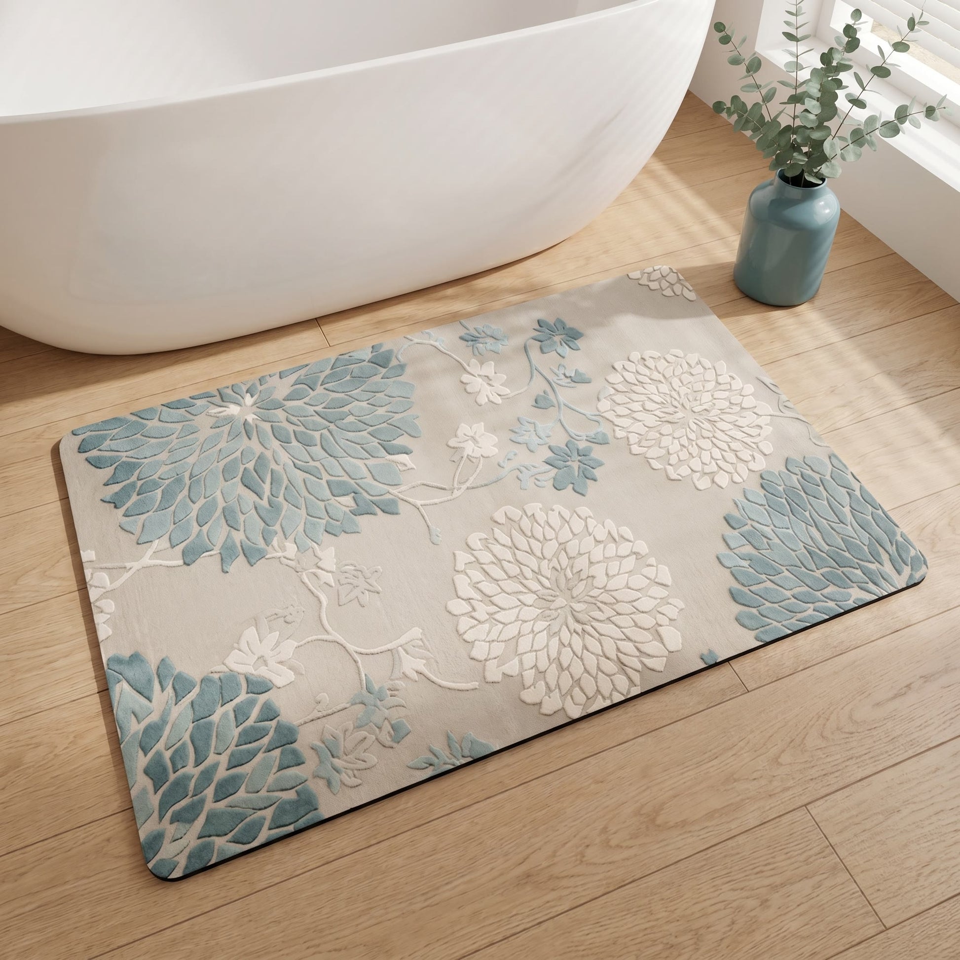 Blauer, rutschfester Badezimmerteppich mit Vintage-Blumenmuster - image 2