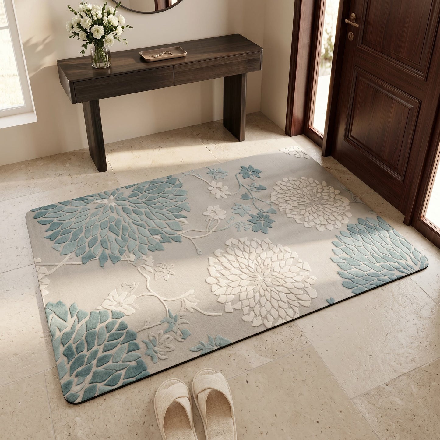 Blauer, rutschfester Badezimmerteppich mit Vintage-Blumenmuster - image 1