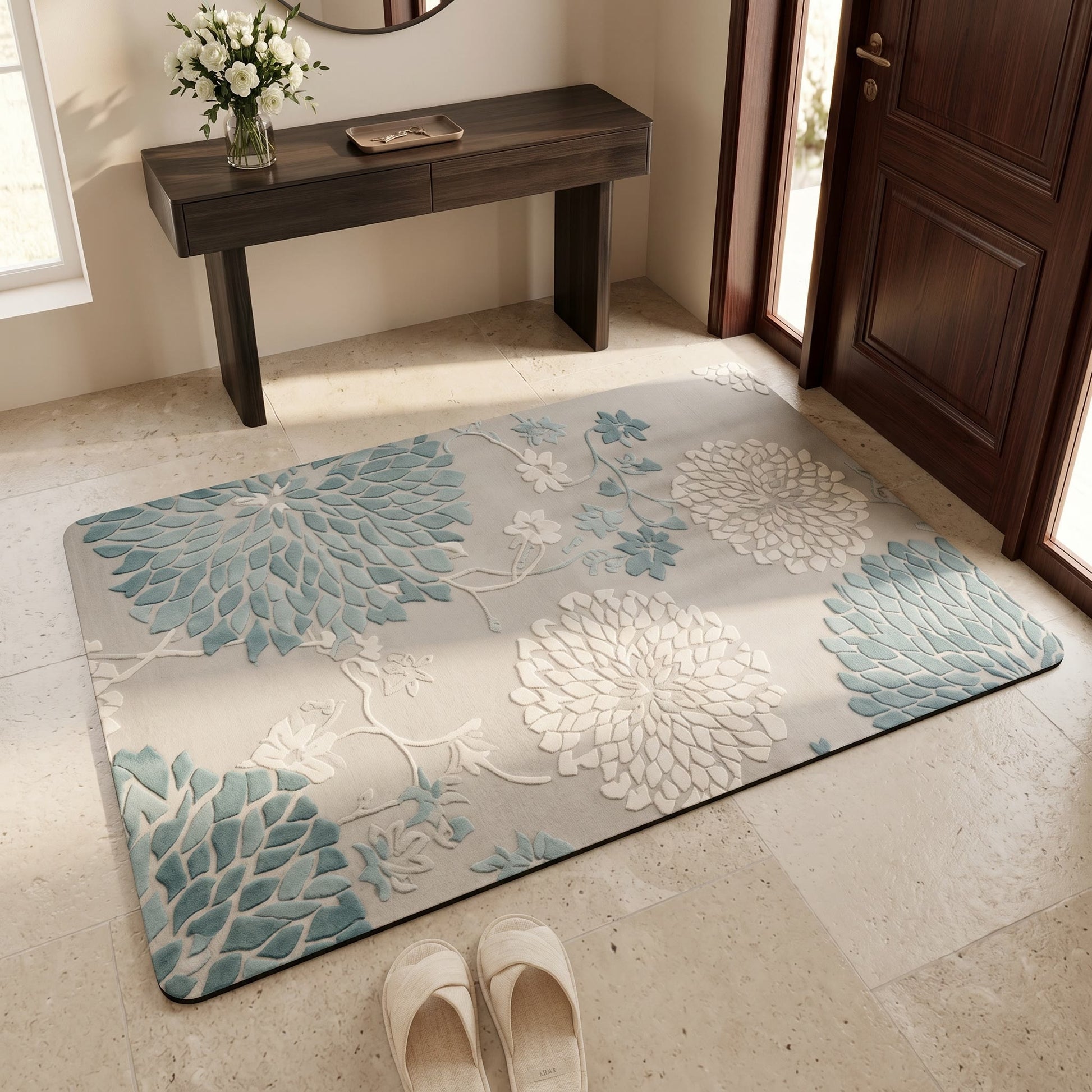 Blauer, rutschfester Badezimmerteppich mit Vintage-Blumenmuster - image 1