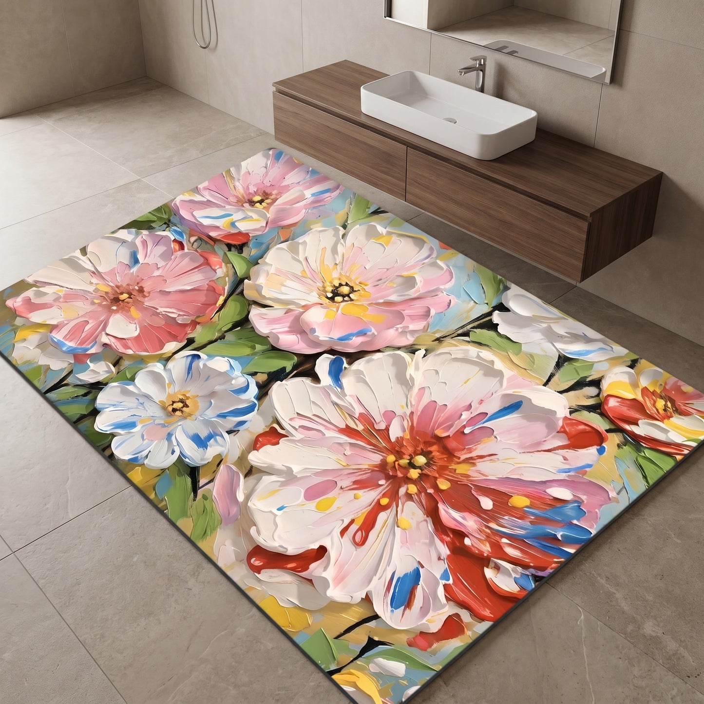 Lebendiger Badezimmerteppich mit Ölgemälde-Blumenmotiv - image 1