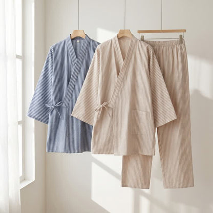 Unisex-Kimono-Pyjama aus gestreiftem Baumwollgaze - image 0