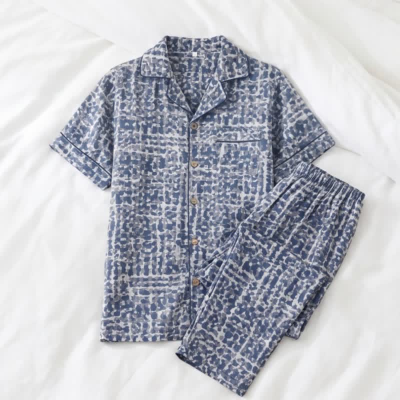 Loungewear-Set aus blau-abstrakt karierter Baumwolle - image 1