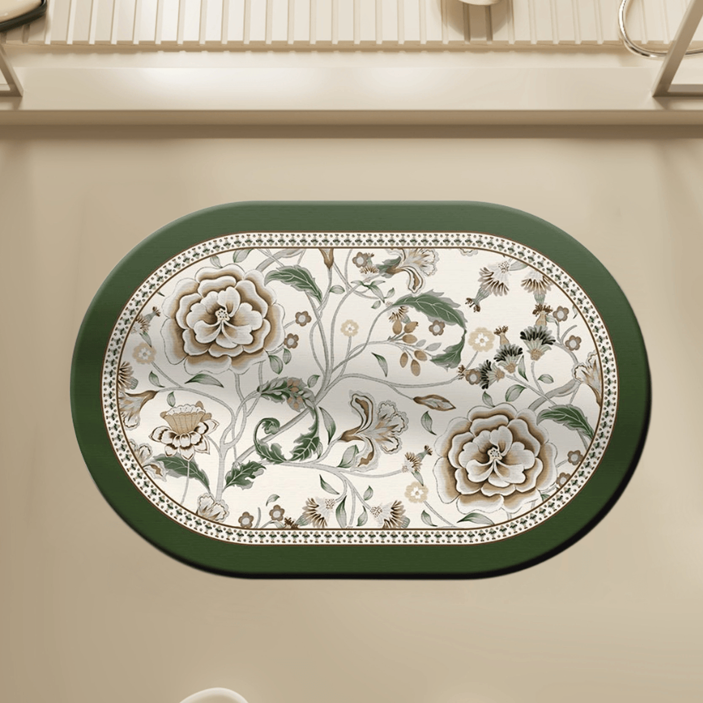 Ovaler Badezimmerteppich im Vintage-Stil mit botanischem Blumenmuster - 23" × 35" - image 0