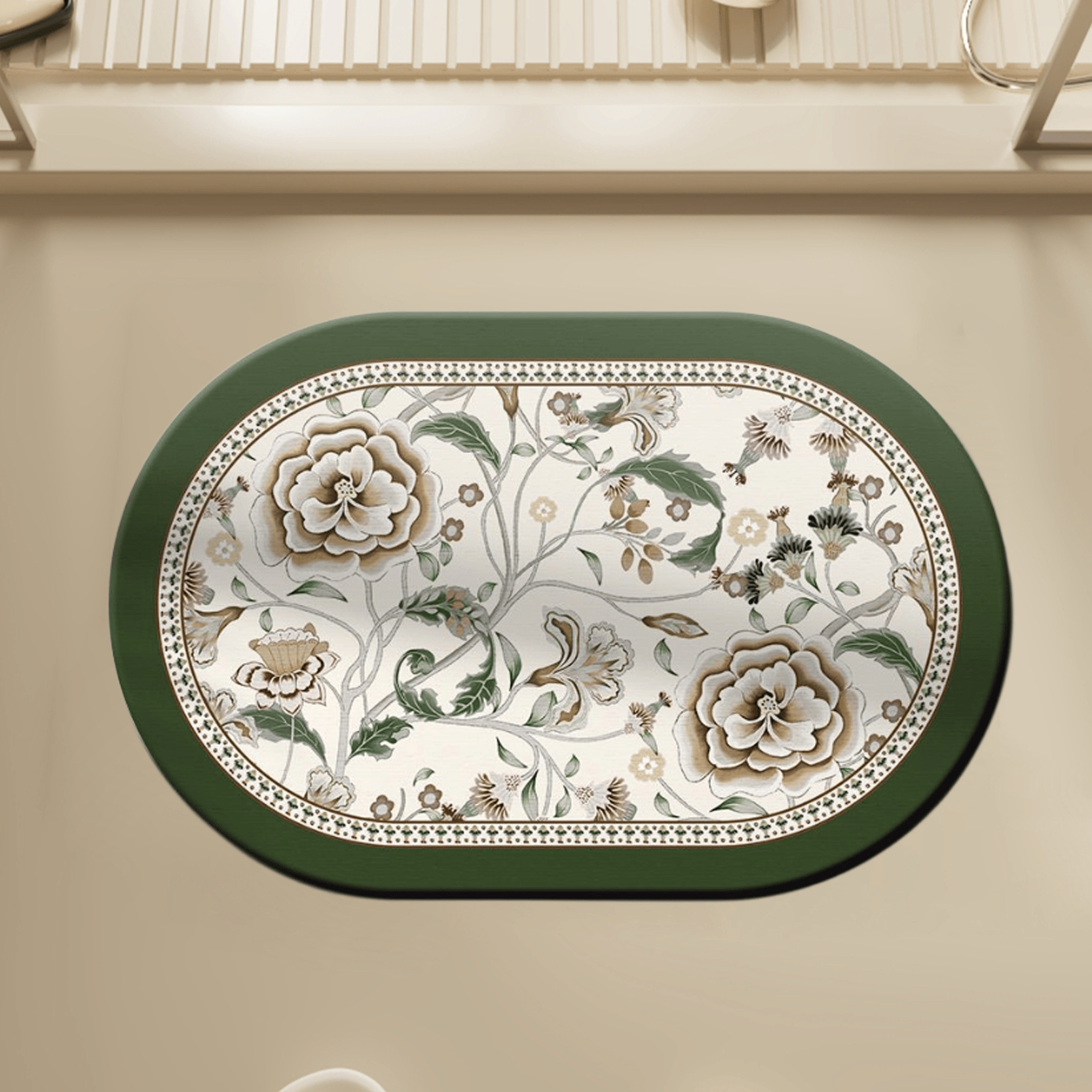 Ovaler Badezimmerteppich im Vintage-Stil mit botanischem Blumenmuster - 23" × 35" - image 0