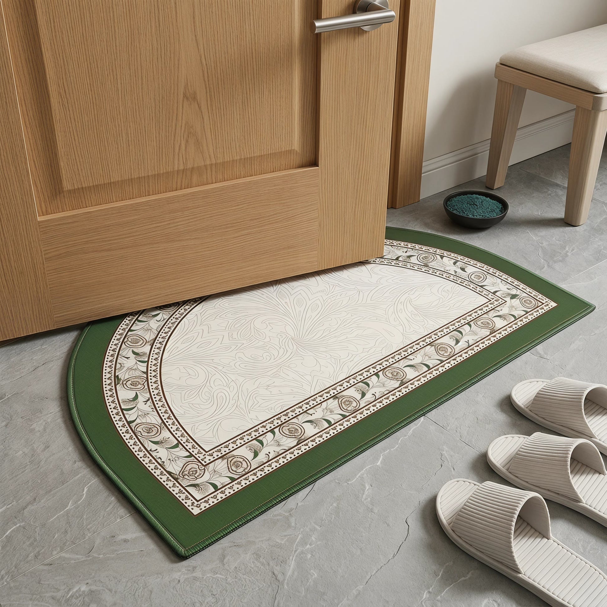 Halbmondförmiger Vintage-Badezimmerteppich mit Blumenmuster und Bordüre - image 3