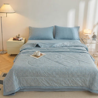 Klassische Vichy-Karo-Baumwollgaze-Steppdecke - Blau - König - image 0