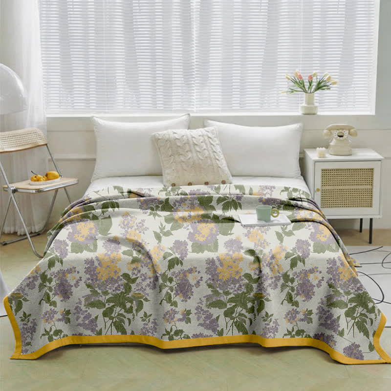 Flieder- und senffarbene Jacquard-Gaze-Steppdecke mit Blumenmuster - image 1