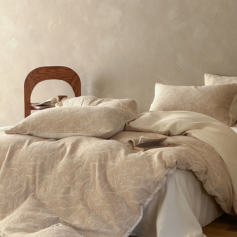 Beige Bettwäsche-Set aus Baumwolle mit botanischem Jacquardmuster - image 2