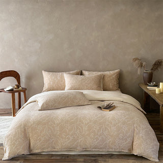 Beige Bettwäsche-Set aus Baumwolle mit botanischem Jacquardmuster - Kamel - Spannbettlaken - König - image 0