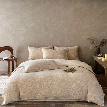 Beige Bettwäsche-Set aus Baumwolle mit botanischem Jacquardmuster - Kamel - Spannbettlaken - König - image 0