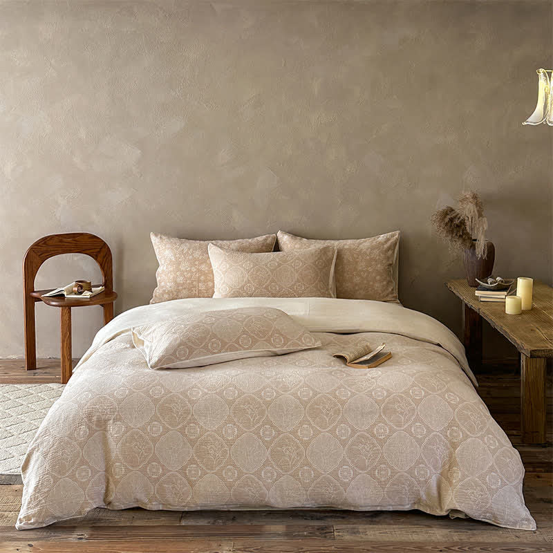 Bettwäsche-Set aus Baumwolle mit geometrischem Blumenmuster in Kamelfarbe und Jacquard-Design - Kamel - Spannbettlaken - König - image 0