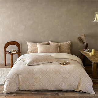 Bettwäsche-Set aus Baumwolle mit geometrischem Blumenmuster in Kamelfarbe und Jacquard-Design - Kamel - Spannbettlaken - König - image 0