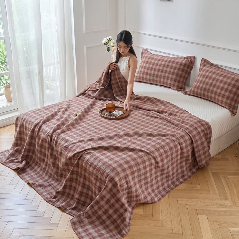 Bettwäsche-Set aus Baumwolle im Retro-Erdton-Karo-Design - image 1