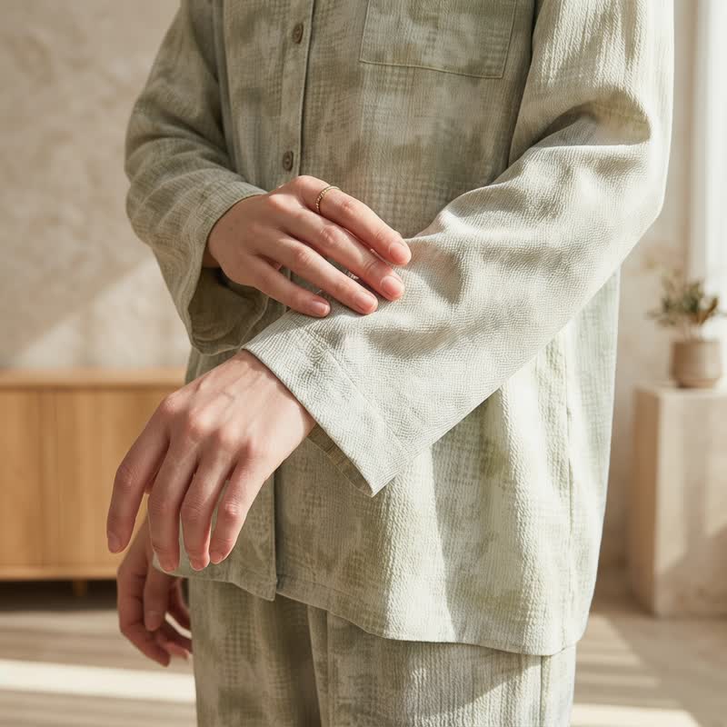 Loungewear-Set mit hellem Blumenmuster und dezentem Vichy-Karo und Knöpfen - image 4