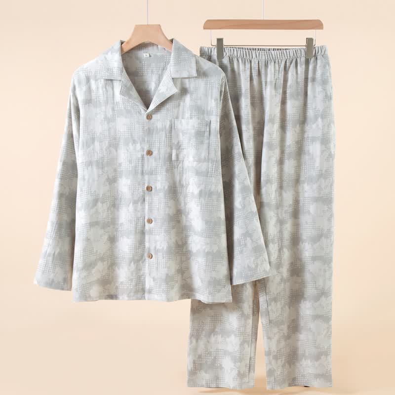 Loungewear-Set mit hellem Blumenmuster und dezentem Vichy-Karo und Knöpfen - Grau - 2XL - image 2