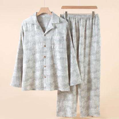 Loungewear-Set mit hellem Blumenmuster und dezentem Vichy-Karo und Knöpfen - Grau - 2XL - image 2