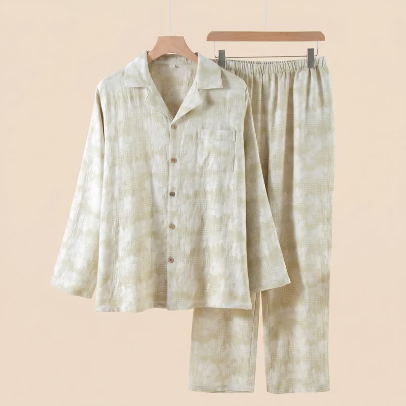 Loungewear-Set mit hellem Blumenmuster und dezentem Vichy-Karo und Knöpfen - Grün - 2XL - image 1