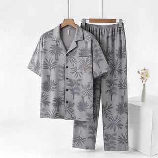 Loungewear-Set aus Baumwolle mit tropischen Palmenknöpfen - Hellgrau - 3XL - image 0