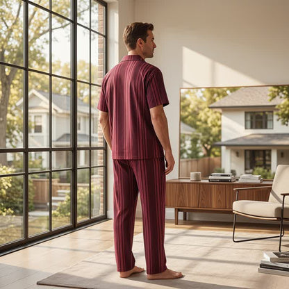 Loungewear-Set aus Baumwolle mit burgunderfarbenen vertikalen Streifen - image 2